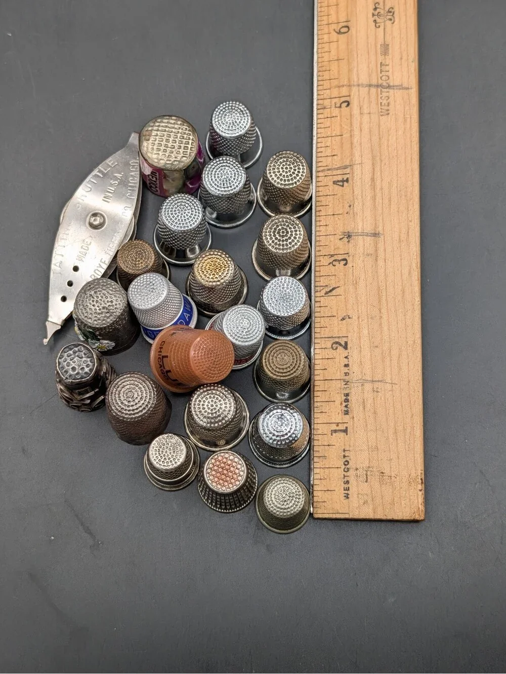 Vintage 925 Thimble Advertising Sewing Lot Boye Tatting Shuttle Mexico Abalone